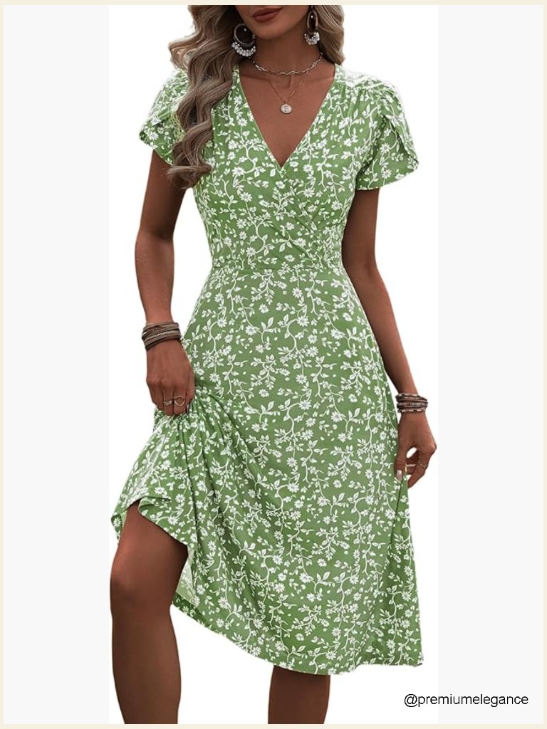 Midi Dress With Pockets, Tulip Sleeves, V-Neck, Lightweight Polyester